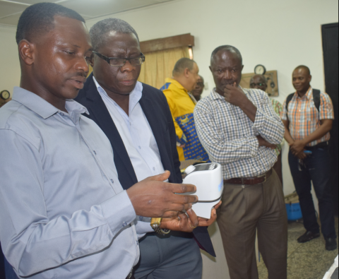 Prof. Gordon (T) and Mr. Emmanuel Ansah (B), Principal Laboratory Technician at the EcoLab demonstrating the use of some of the equipment.
